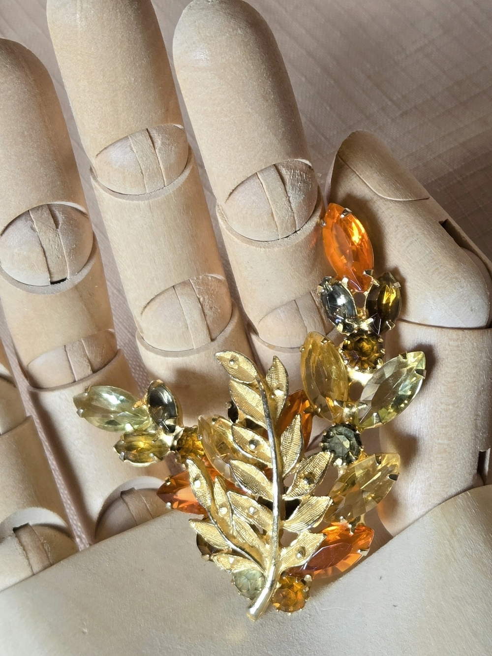Vintage Golden Leaf Cluster Brooch with Amber & Citrine Stones